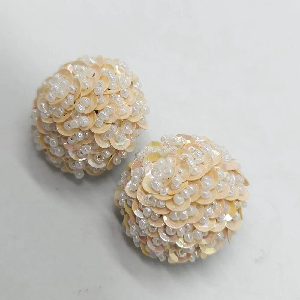 Vintage 1980s Clip-On Earrings Beaded Sequin Floral Dome Ivory/White 1 Inch